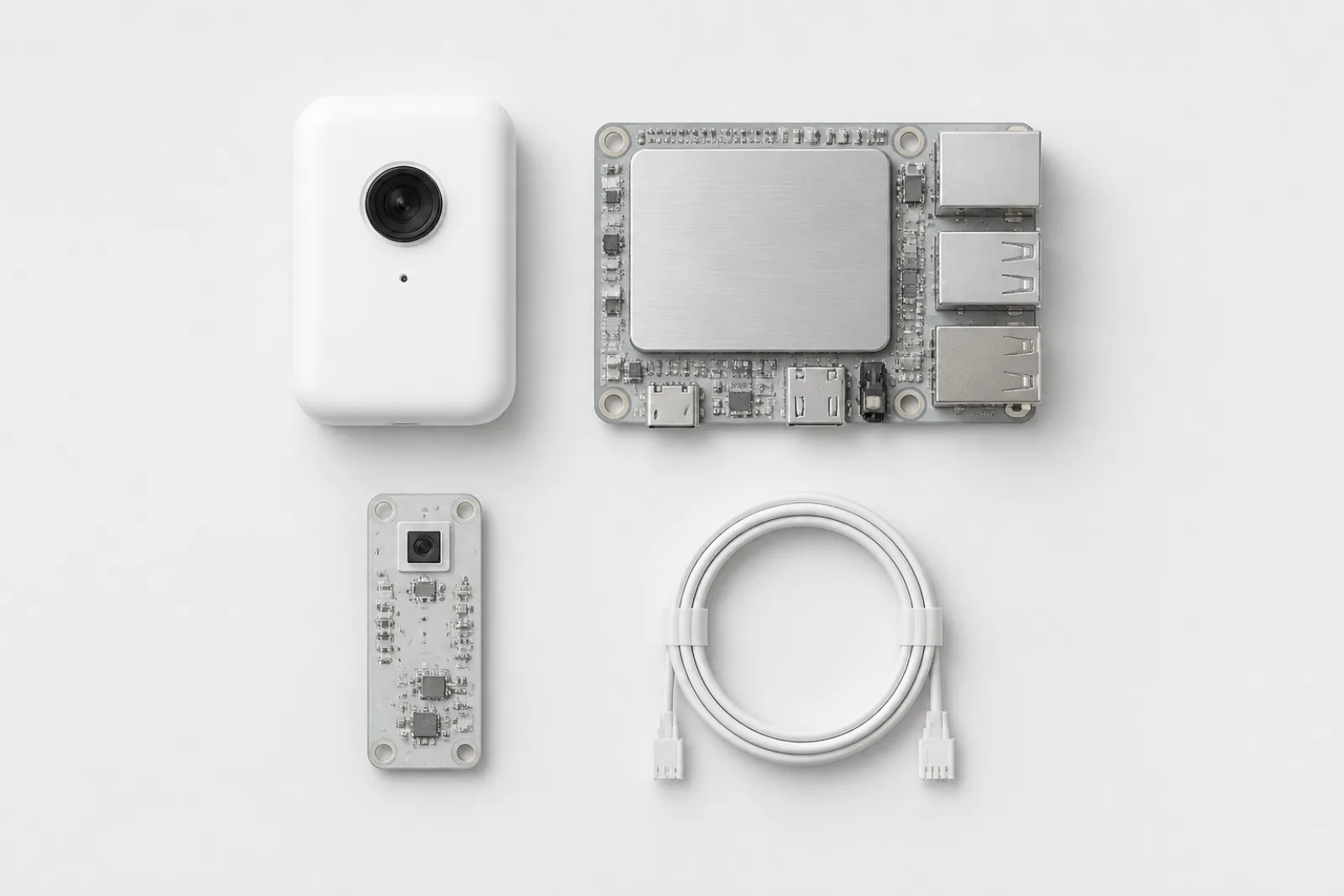 An overhead arrangement of an AI camera device, an edge compute module, a sensor board and a cable on a light studio surface.